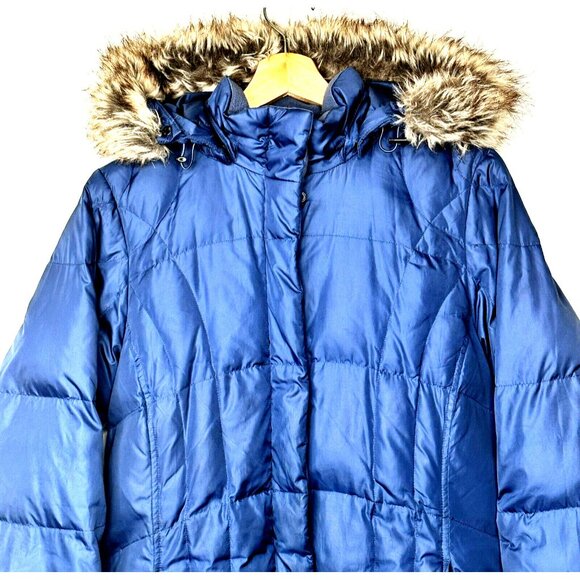 Eddie Bauer Womens Parka Goose Down Puffer Jacket Faux Fur Hood Blue Medium - Picture 3 of 16
